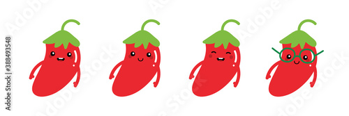 Set, collection of cute cartoon red chili pepper characters for mexican, spicy food design.
