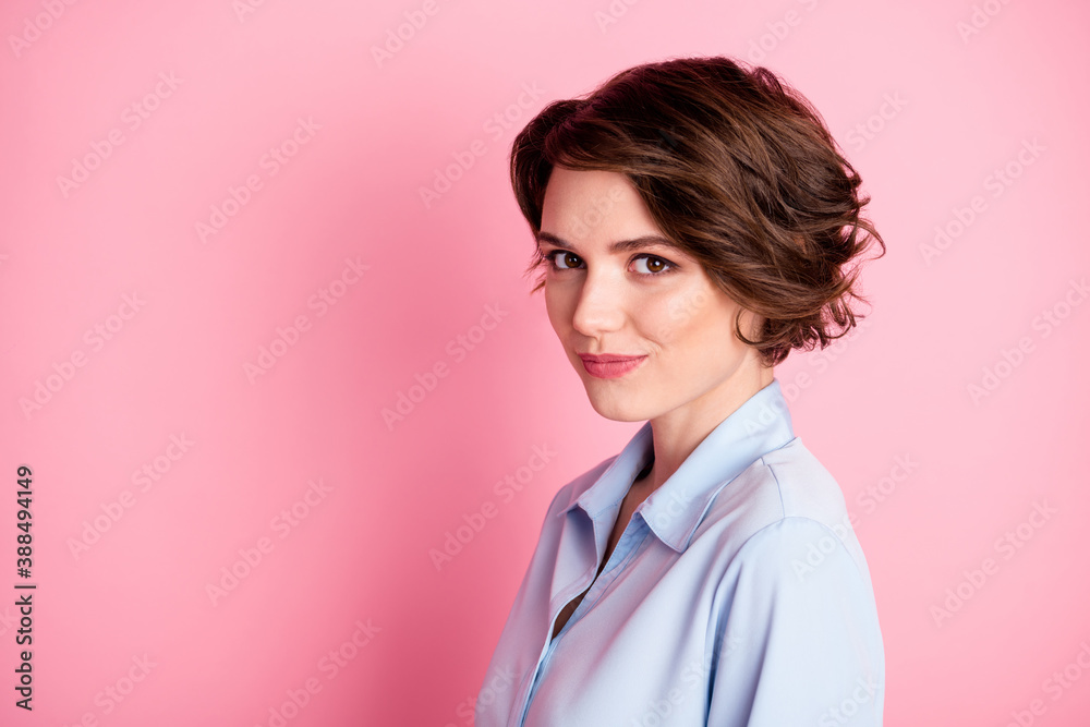 Closeup profile photo of attractive business lady smiling without teeth charming cute appearance self-confident successful person wear blue office shirt isolated pink pastel color background Closeup profile photo of attractive business lady smiling without teeth charming cute appearance self-confident successful person wear blue office shirt isolated pink pastel color background