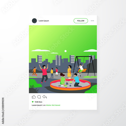 Children on playground concept. Happy kids swinging, kicking soccer ball, playing in sandbox. Boys and girls enjoying leisure time outdoors. Can be used for for outdoor activities, childhood topics