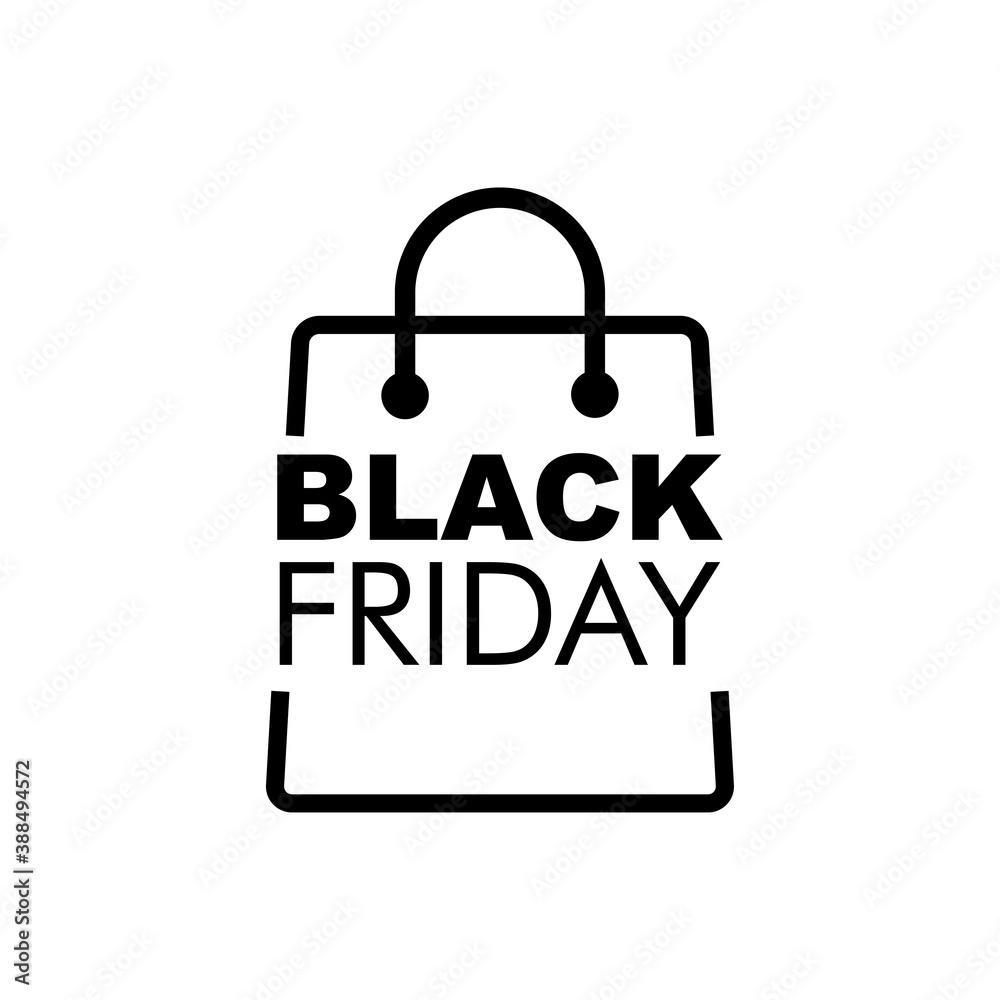 Ofertas del Black Friday. Logotipo con texto Black Friday en bolsa de la compra lineal en color negro