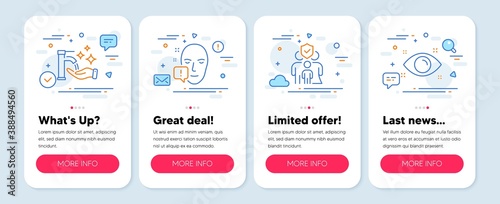 Set of Healthcare icons, such as Family insurance, Washing hands, Face attention symbols. Mobile app mockup banners. Health eye line icons. Risk coverage, Hygiene care, Exclamation mark. Vector