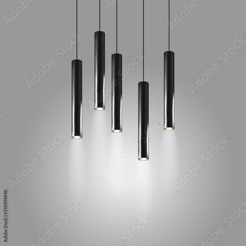 Hanging pendant long tube shaped lamps. Modern interior light. Chandelier with black metal cylindrical lampshade. Realistic vector illustration