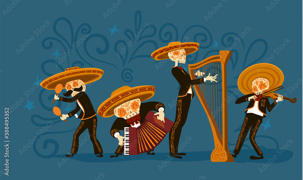 Cute Mariachi skeleton band playing musical instruments Stock Vector
