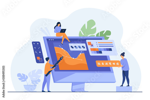 Digital designers team drawing with pen on computer monitor. Man and women working with graphic editor. Vector illustration for creative job or teamwork concept