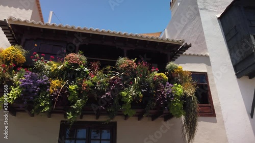 A shot of a balcony full of colorful flowers. photo