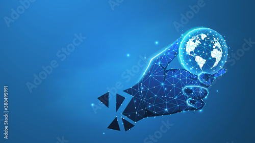 Human arm or hand is holding Planet Earth. Digital raster image of Globe. Low poly technology or religion illustration. Abstract, polygonal 3d image on a blue neon background