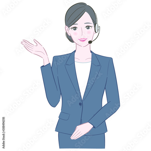 ヘッドセットを身につけたスーツ姿の女性のイラスト