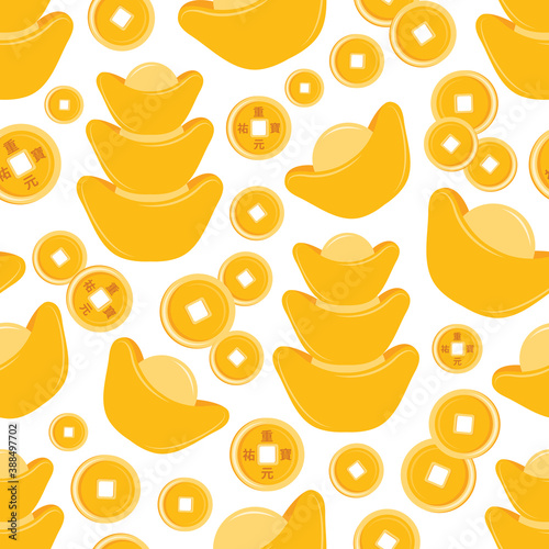 Big chinese gold ingots Yuan Bao and old coins with hieroglyphs seamless pattern. Happy Chinese New Year background. Wish of wealth, abundance and monetary luck. Asian money. Vector flat illustration.