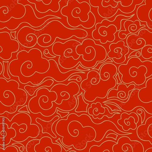 Abstract seamless pattern of Golden clouds on a red background. Chinese traditional ornament. Vintage background in Oriental style. Gold line. Hand drawn vector illustration