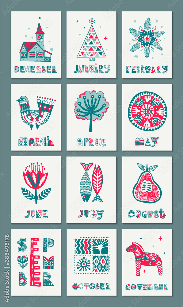 Illustrated postcards in the Scandinavian style with the names of the