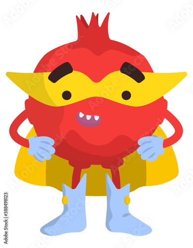 Funny fruit superhero. Pomegranate in cartoon style.