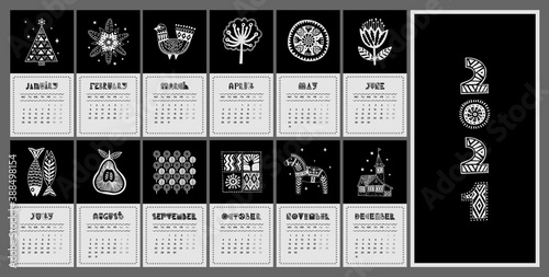 Illustrated black and white calendar for 2021 in Scandinavian style. Set of postcards