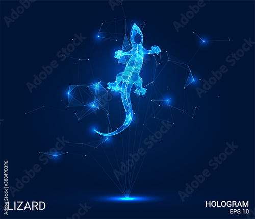 A hologram of a lizard. A lizard of polygons, triangles of points, and lines. Lizard low-poly compound structure. The technology concept.