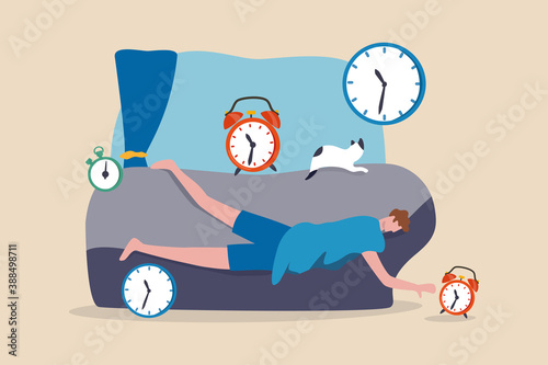 Laziness, low energy overworked man or unproductive procrastination concept, office man sleeping with no power cannot wake up in the morning after fatigue overwork low moral don't want to go to work.