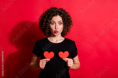 Portrait of beautiful wavy hairstyle positive person arm heart shape kiss you isolated on red color background