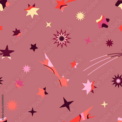 Seamless colorful vector pattern with stars and comets on a colored background. Space. Illustration for gifts, banners, fabrics, postcards, holidays.
