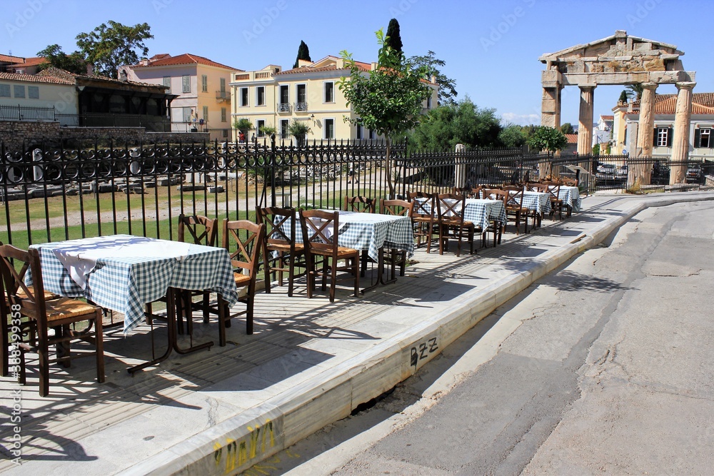 Empty chairs and tables of a traditional restaurant in the touristic district of Plaka in Athens, Greece, October 9 2020.