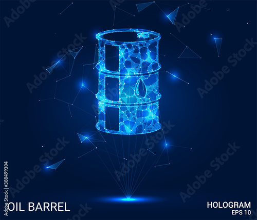 Hologram of a barrel of oil. Oil is a barrel of polygons, triangles of points, and lines. A barrel of oil if the structure of the compound. The technology concept.