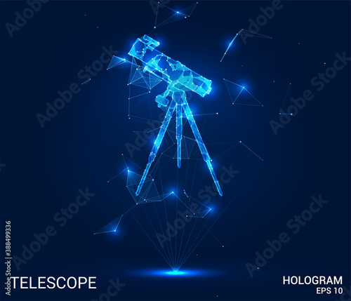 A hologram of a telescope. A telescope made up of polygons, triangles, points, and lines. Astronomy low-poly compound structure. The technology concept.