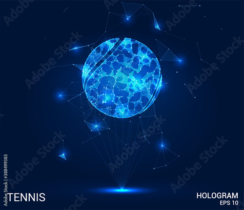 Hologram tennis. A tennis ball made of polygons, triangles, points, and lines. Tennis ball low poly compound structure. The technology concept.