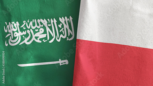 Poland and Saudi Arabia two flags textile cloth 3D rendering