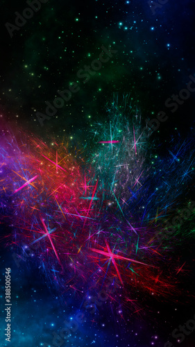 Abstract fractal fantastic space background with comets and stars. Vertical banner.