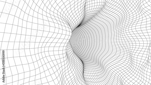 Curved wireframe abstract tunnel. 3D vector wormhole with a mesh structure. Vortex. Vector perspective grid.