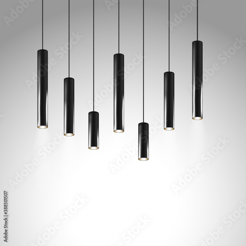 Hanging pendant tube shaped lamps. Contemporary style interior light. Chandelier with black metal cylindrical lampshade. Realistic vector illustration