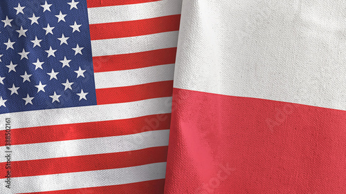 Poland and United States two flags textile cloth 3D rendering