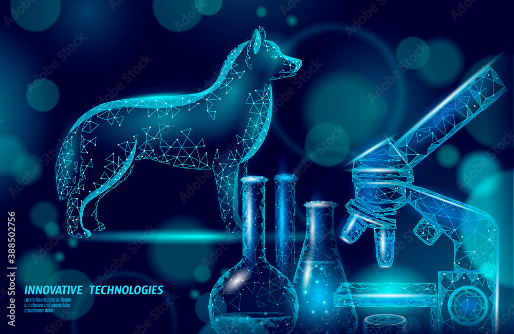 Obraz premium Dog pet standing with microscope lab. Low poly polygonal 3D dog silhouette companion. Animal medical center banner template vector illustration
