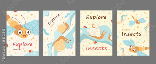 Explore insects posters set. Dragonfly, cameo shell, caterpillar, ladybird vector illustrations with text samples. Template for wildlife classes for kids flyers or book covers