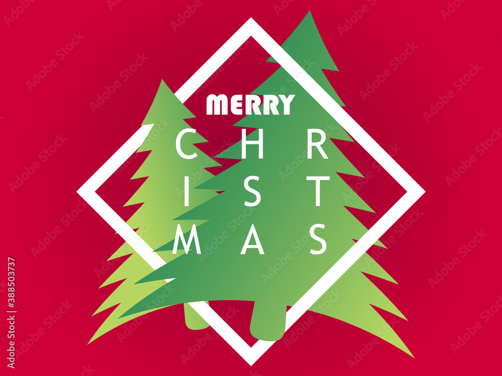 Fototapeta premium Merry Christmas. Green christmas trees in a frame on red background. Festive design for greeting card, poster and banner. Vector illustration