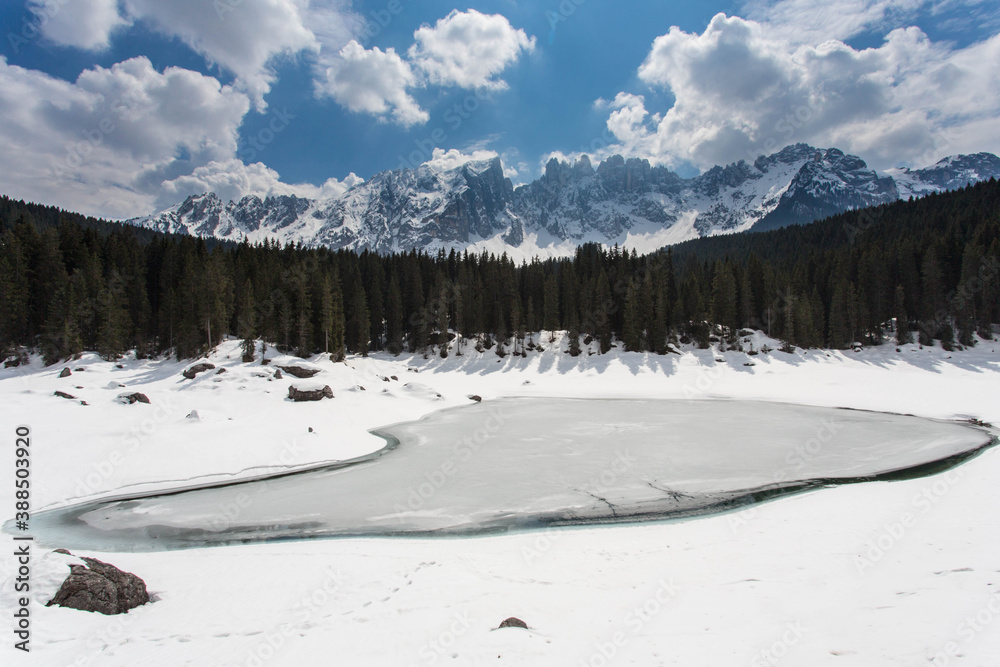 frozen lake of carezza, Italian alps