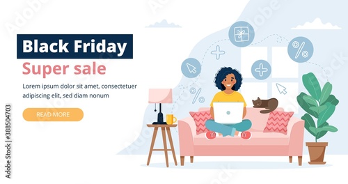 Black friday banner with woman holding a laptop. Vector illustration template