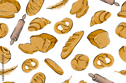 Seamless pattern of bakery products, hand drawn vector, color