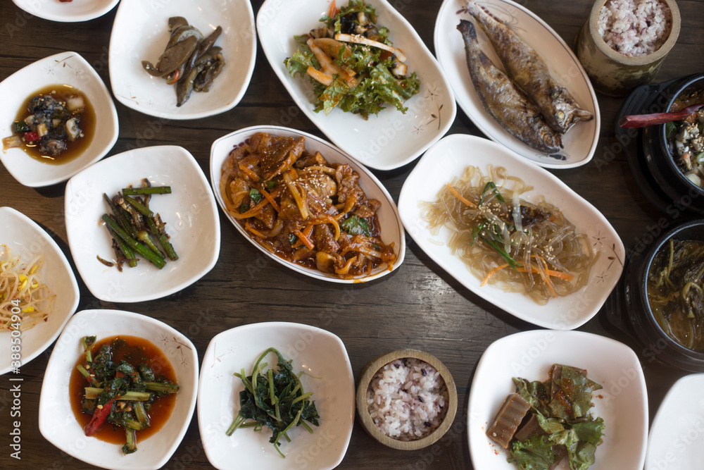 variety of side dishes korean style meal table. variety of side dishes korean style meal table.