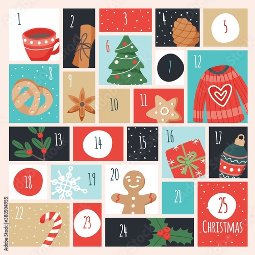 Advent calendar with christmas elements. Vector illustration in flat style