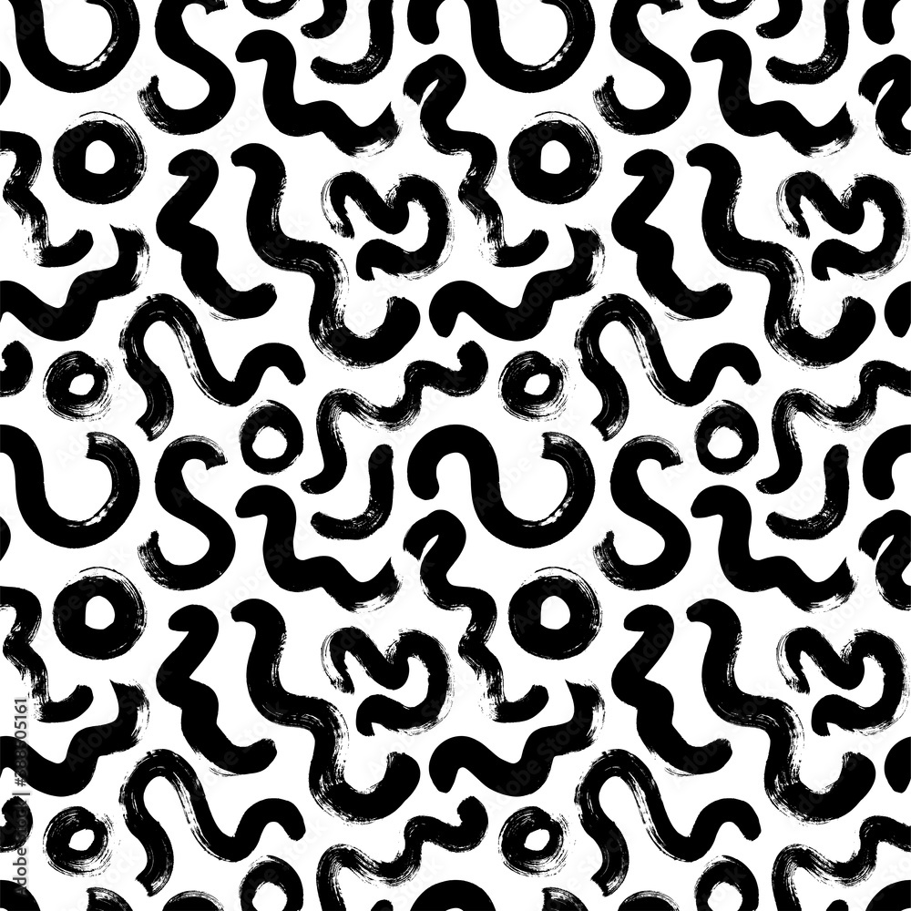 Organic irregular circular lines vector seamless pattern. Hand drawn black and white organic shapes texture with circles. Biological grunge squiggle lines, dots. Abstract wavy brushstrokes. 