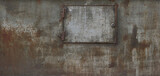 industrial rusty metal surface with gray and light brown tones and a square door of a factory - worn background texture with scratches for a steampunk wallpaper