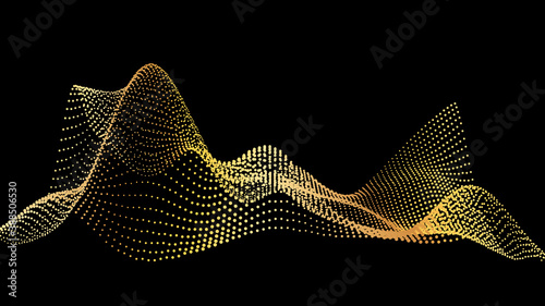 Sound wave from node. Gold interface big data flow. Copy space cover template. Vector swirl isolated flow.