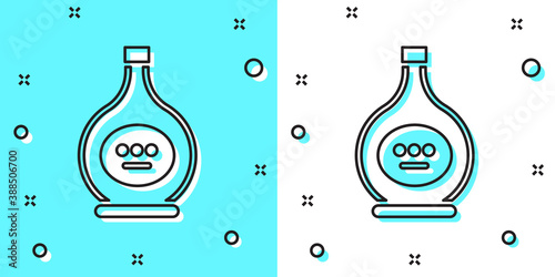 Black line Bottle of cognac or brandy icon isolated on green and white background. Random dynamic shapes. Vector Illustration.