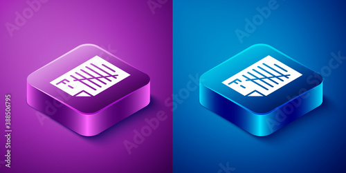 Isometric Exam paper with incorrect answers survey icon isolated on blue and purple background. Bad mark of test results. Square button. Vector Illustration.