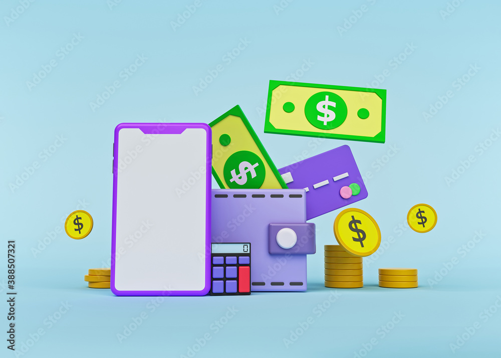 Concept of online mobile payments, digital wallet, Internet banking, wireless money transfer. 3d rendering Concept of online mobile payments, digital wallet, Internet banking, wireless money transfer. 3d rendering