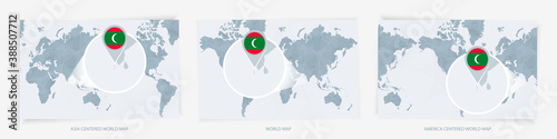 Three versions of the World Map with the enlarged map of Maldives with flag.