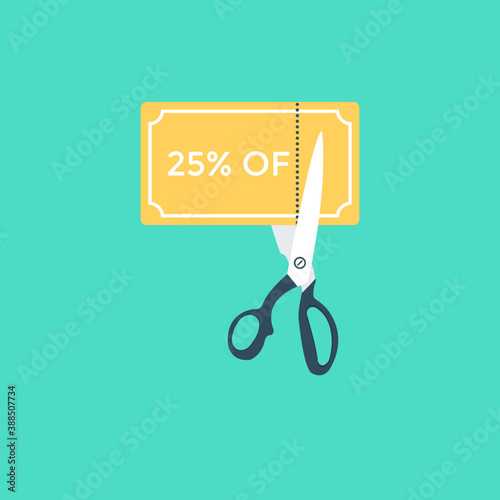 
A pair of scissors cutting discount voucher showing sale and offers icon concept 
