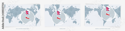 Three versions of the World Map with the enlarged map of Nepal with flag.