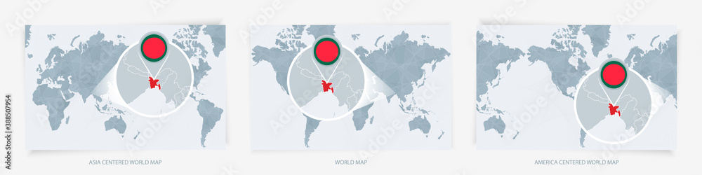 Three versions of the World Map with the enlarged map of Bangladesh ...