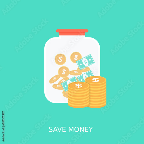  A transparent jar full of money coins, save money flat icon design 