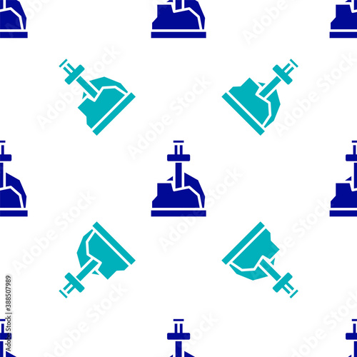 Blue Sword in the stone icon isolated seamless pattern on white background. Excalibur the sword in the stone from the Arthurian legends. Vector.