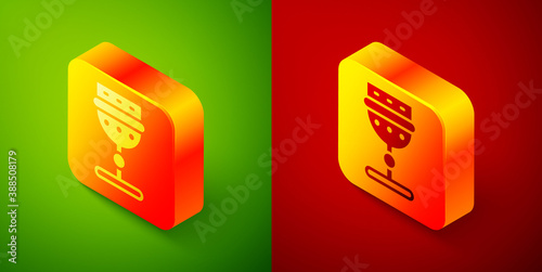Isometric Medieval goblet icon isolated on green and red background. Square button. Vector.